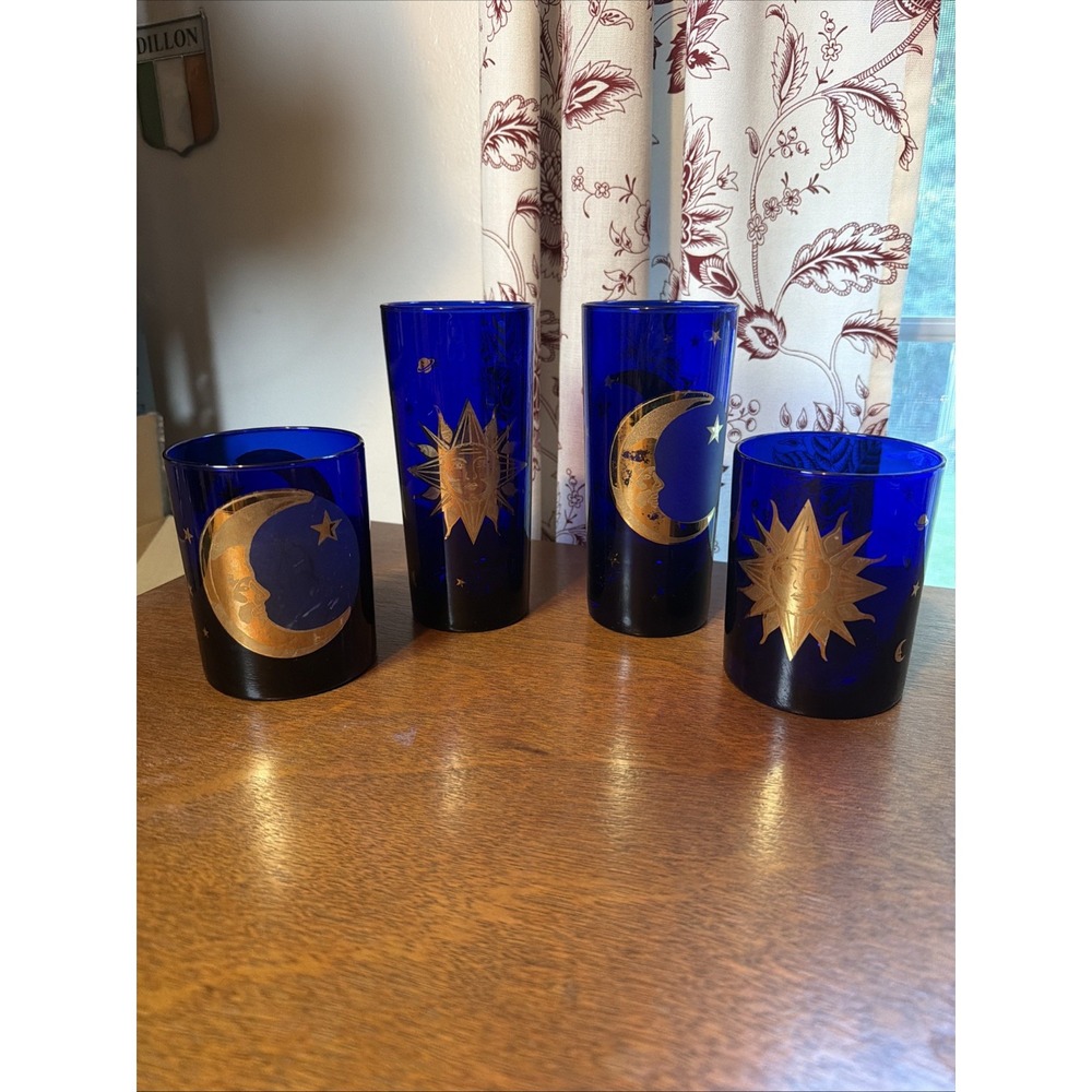 MCM Culver 22K Gold Celestial Sun Moon Cobalt Blue Tumbler Rocks Glasses Set 4